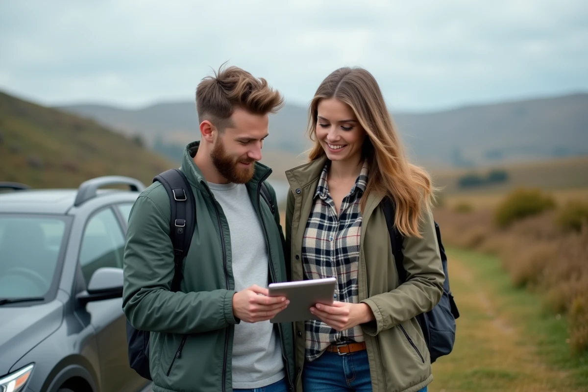 Couple consultant une carte numérique sur tablette en bord de route pour planifier leur itinéraire en voyage
