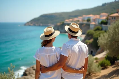 Couple souriant en bord de mer en méditerranée