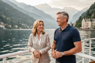 Couple sur le pont d'un bateau de croisière sur le lac du Bourget à Aix-les-Bains avec vue sur les montagnes