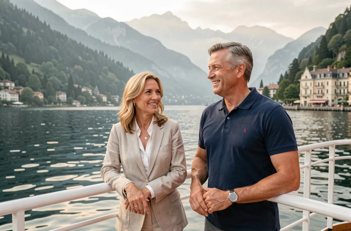 Couple sur le pont d'un bateau de croisière sur le lac du Bourget à Aix-les-Bains avec vue sur les montagnes