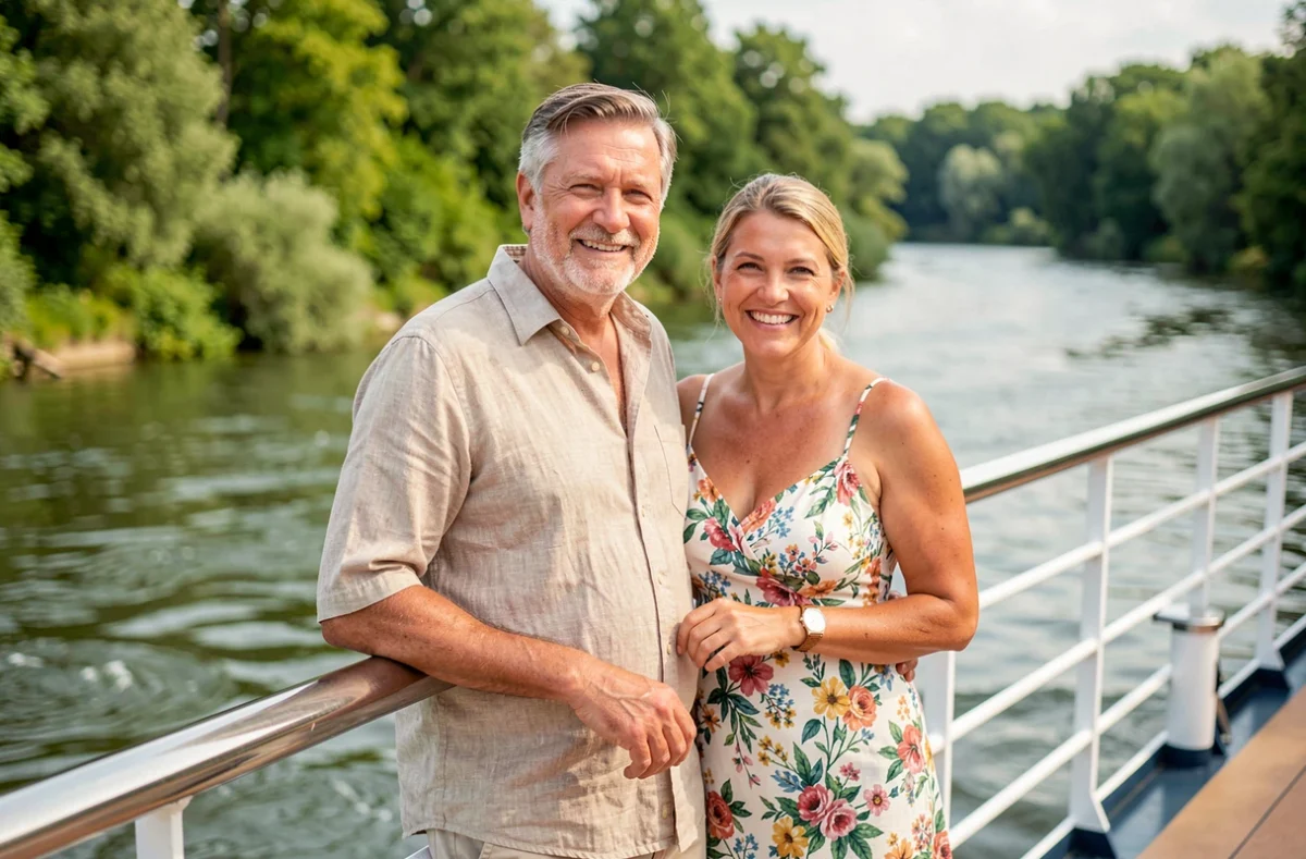 Couple profitant d'une croisière sur le Rhin en été sur le pont du bateau