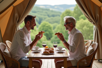 Couple en vacances dégustant croissants en plein air