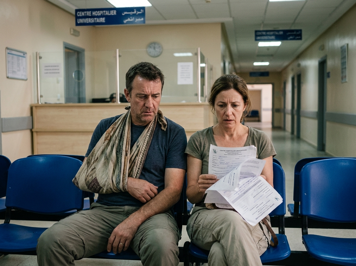 Couple inquiet dans une salle d'attente d'hôpital à l'étranger face à des factures médicales élevées sans assurance