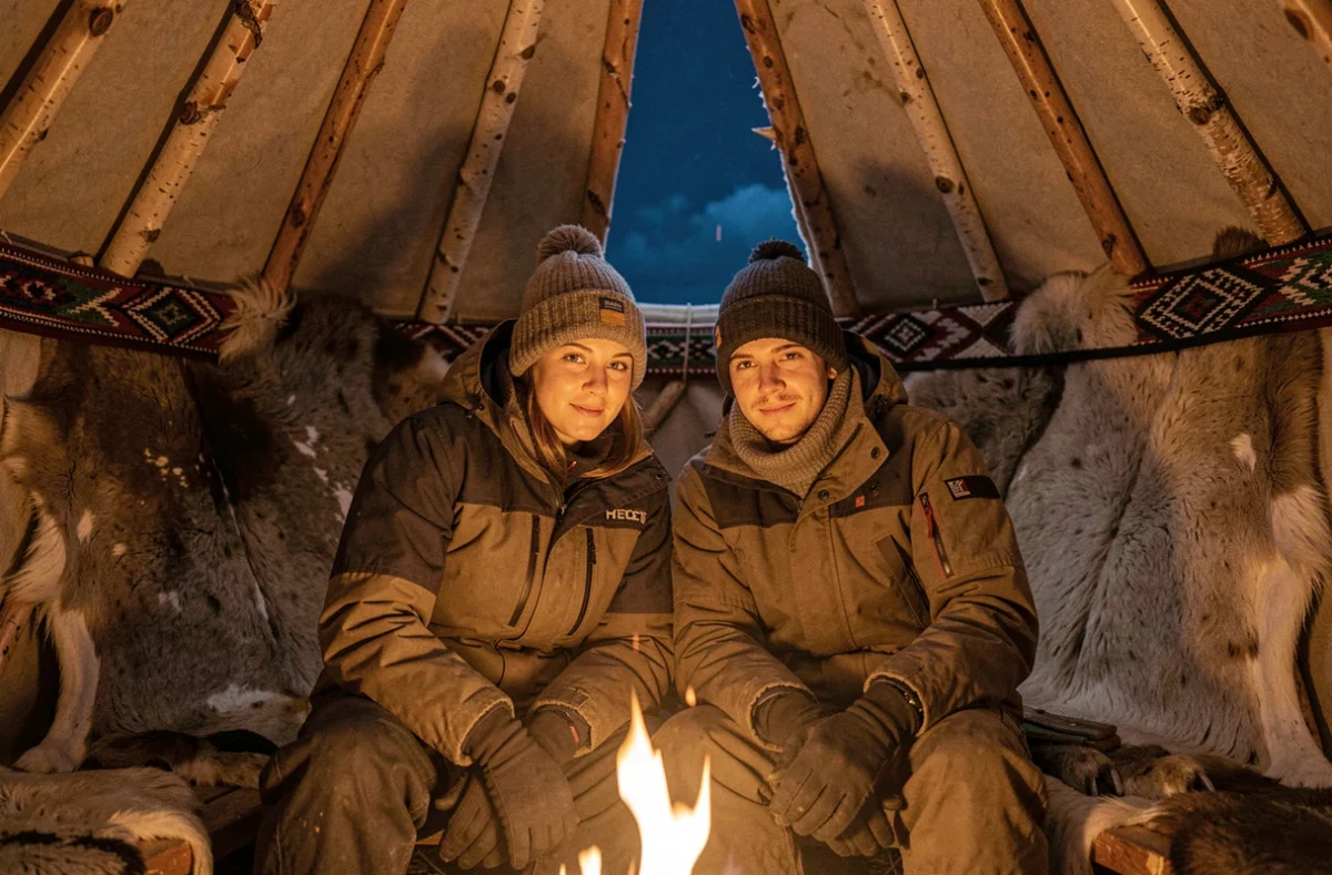 Couple assis dans un lavvu sami traditionnel avec peaux de renne et ciel polaire nocturne visible