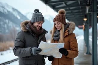 Jeune couple en hiver devant la gare avec montagnes enneigees