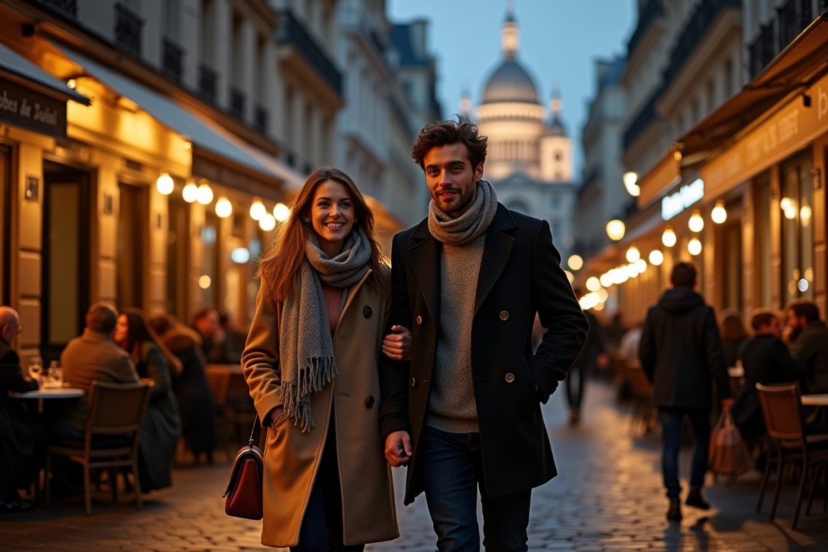 Jeune couple dans Montmartre la nuit avec cafés et Sacré Cœur