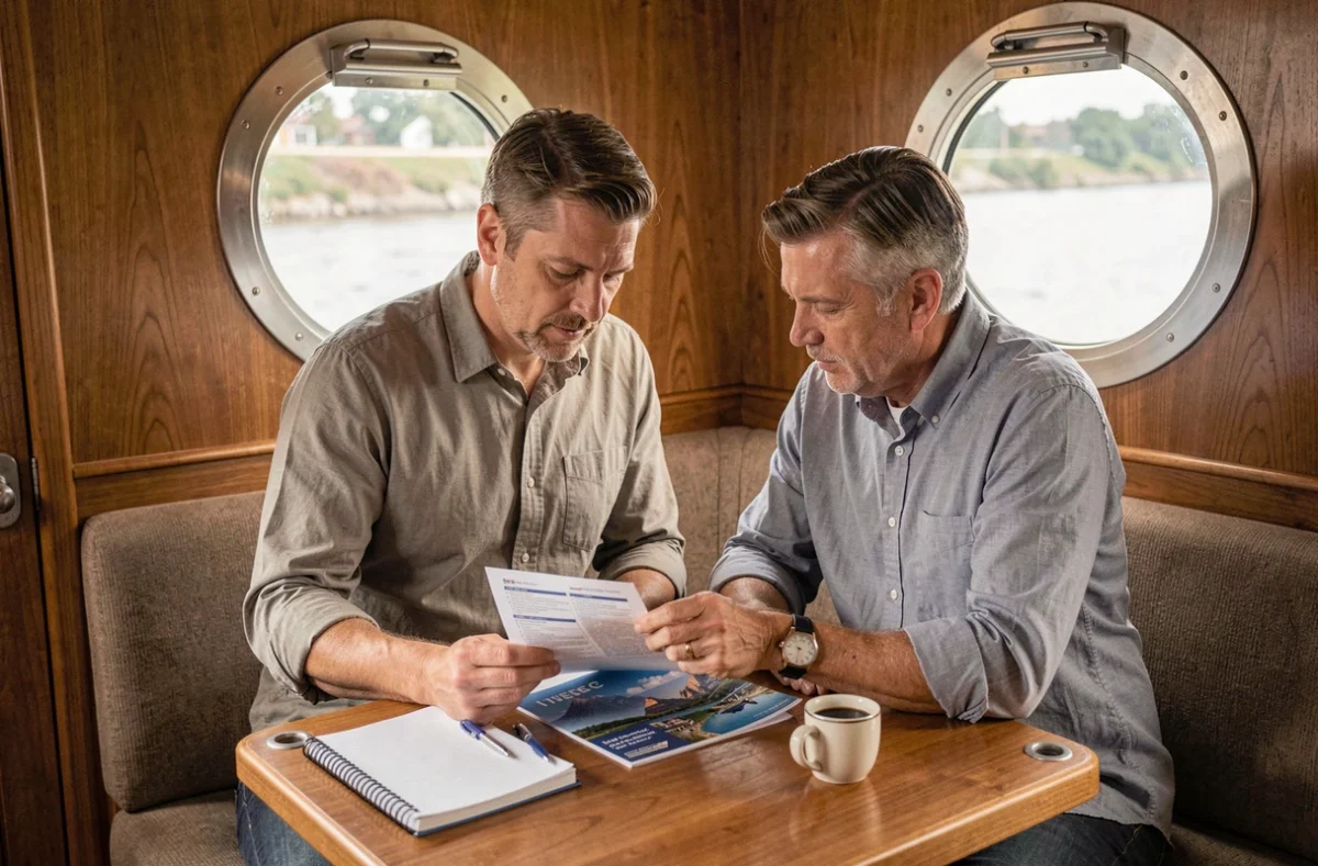 Couple planifiant leur itinéraire de croisière fluviale à l'intérieur d'une cabine en bois avec hublot donnant sur la rivière