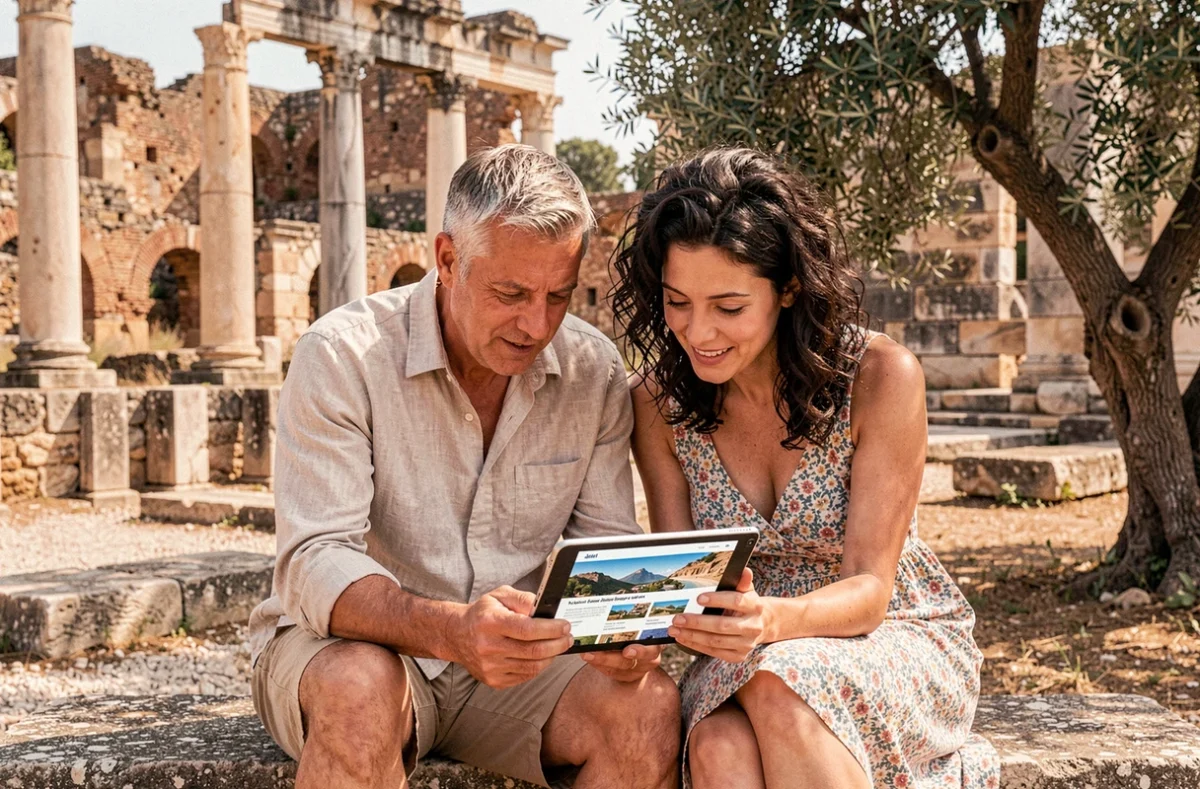 Couple planifiant leur voyage méditerranéen sur une tablette près de ruines antiques