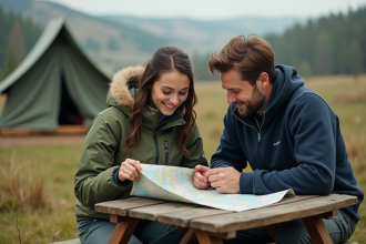 Jeune couple en randonnée déplie une carte en forêt belge