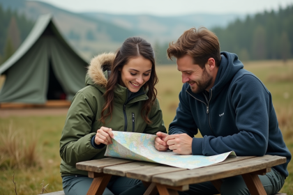Jeune couple en randonnée déplie une carte en forêt belge