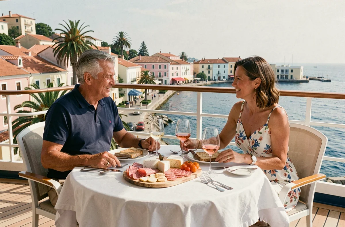 Couple savourant un repas tout inclus avec spécialités corses et rosé en terrasse sur un bateau de croisière devant le port d'Ajaccio