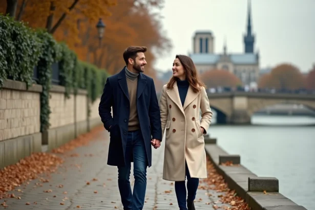 Couple romantique marchant main dans la main sur les quais de la Seine à Paris en automne avec Notre-Dame en arrière-plan
