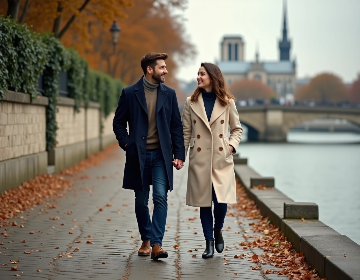 Couple romantique marchant main dans la main sur les quais de la Seine à Paris en automne avec Notre-Dame en arrière-plan