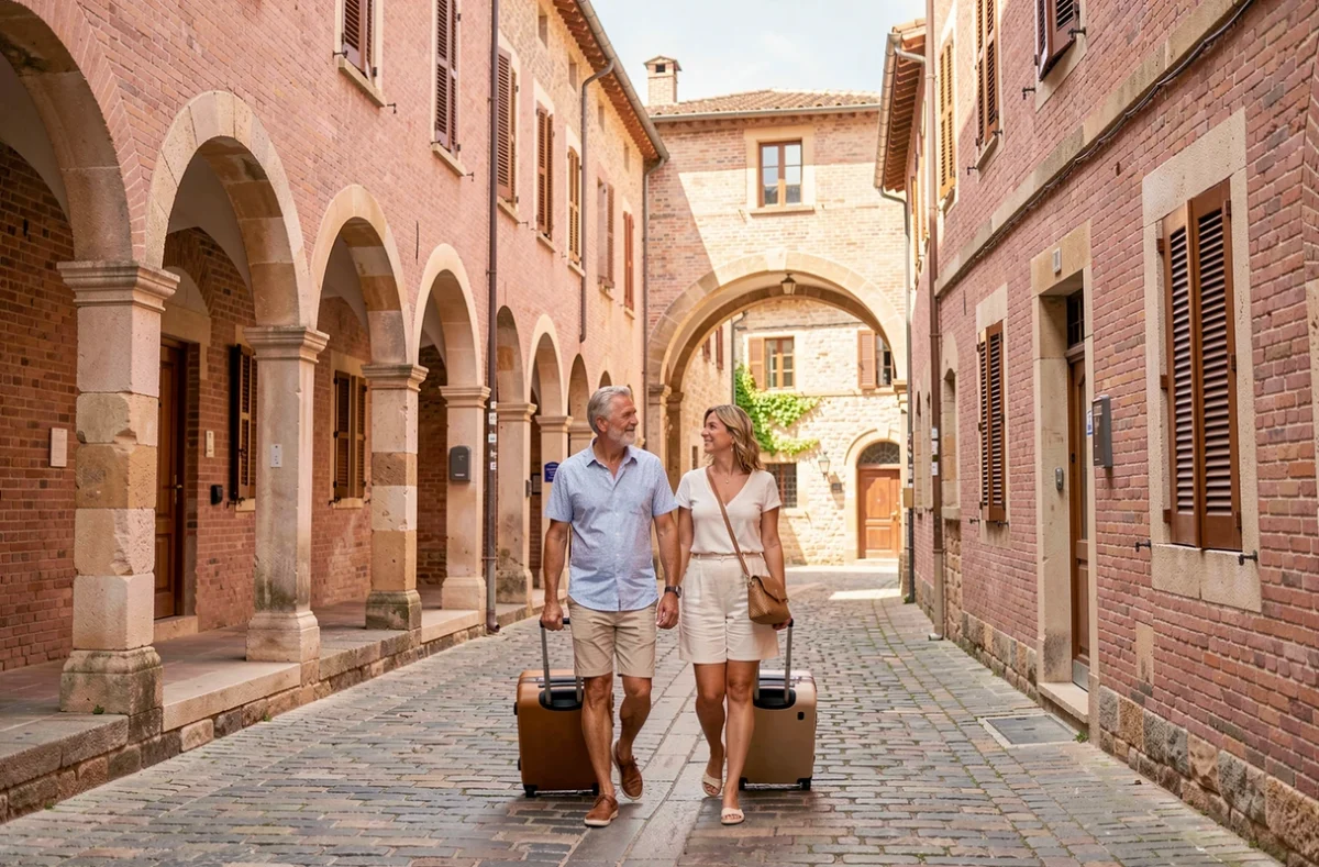 Couple de touristes arrivant à Montauban avec leurs bagages dans les rues historiques en briques roses