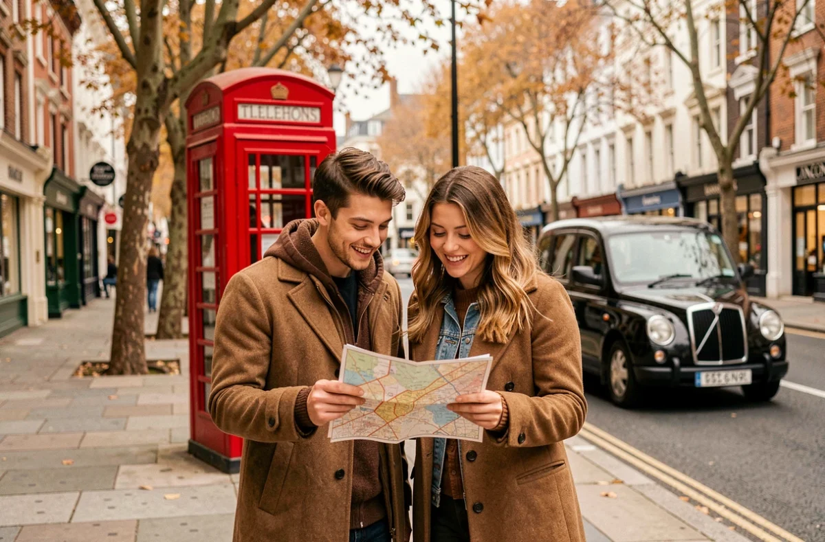 Jeune couple consultant une carte entre Piccadilly Circus et Trafalgar Square dans une rue typique de Londres