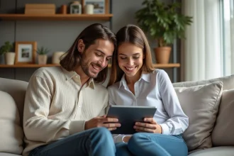 Jeune couple regardant une tablette pour choisir des locations vacances