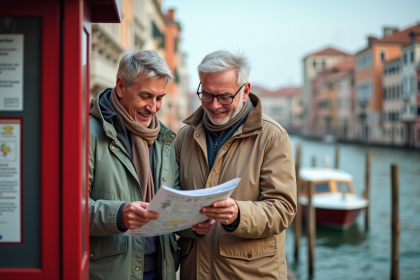Couple à Venise examinant un plan de tickets sur le canal