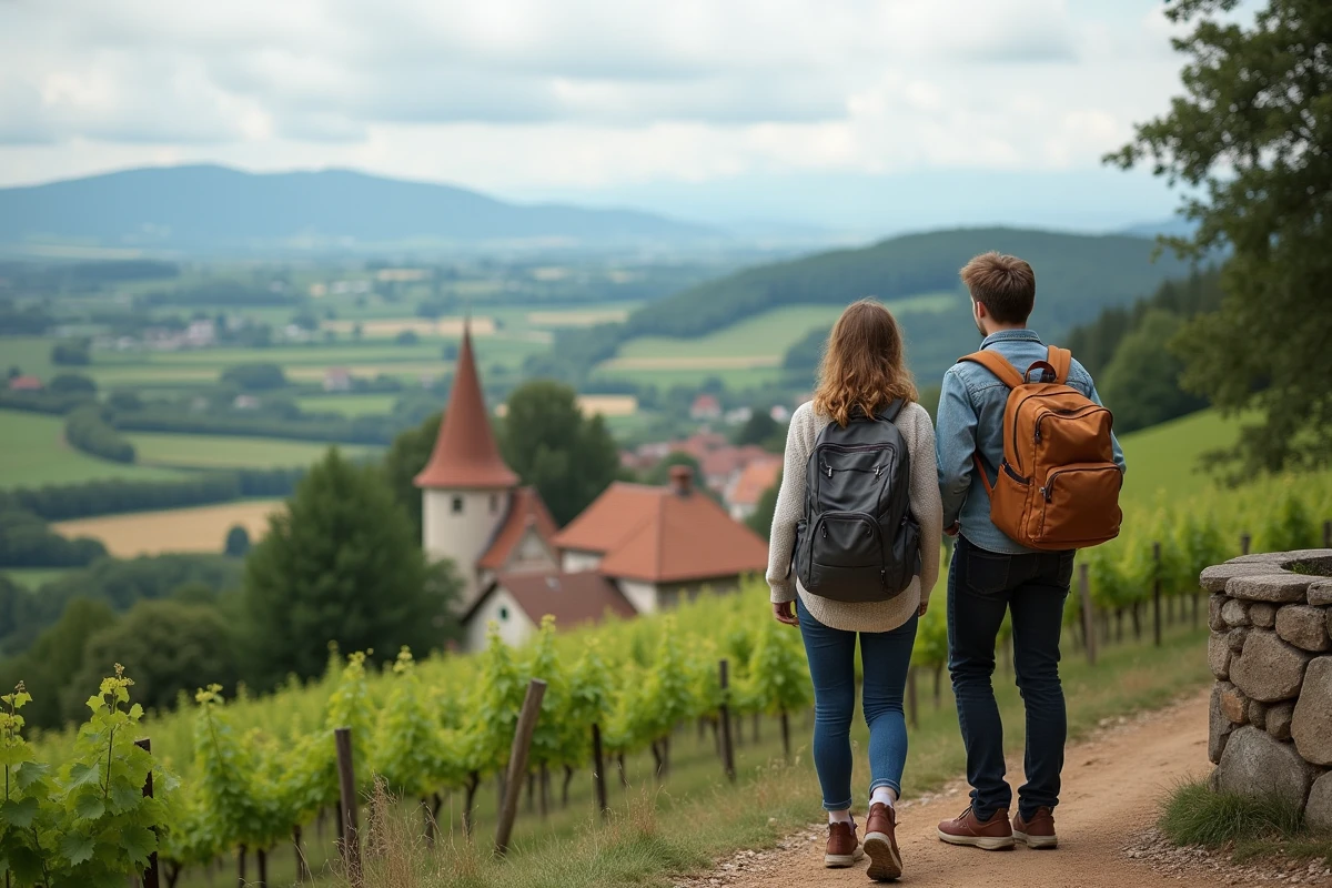 Jeune couple admirant vignobles en Alsace