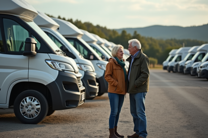 Couple de campeurs regardant des vans modernes en concession