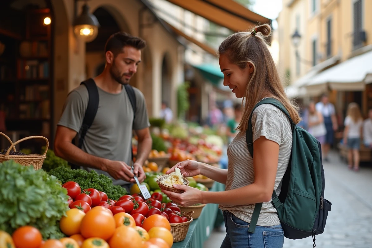 Couple de voyageurs économisant sur les dépenses alimentaires en faisant leurs courses dans un marché local méditerranéen lors d'un voyage à petit budget