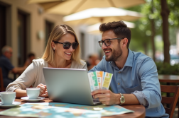 Couple souriant planifiant voyage avec vouchers et ordinateur