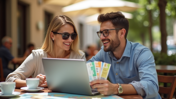 Couple souriant planifiant voyage avec vouchers et ordinateur