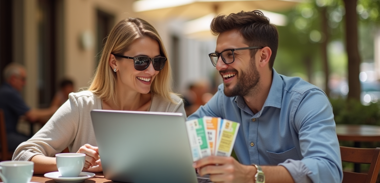 Couple souriant planifiant voyage avec vouchers et ordinateur