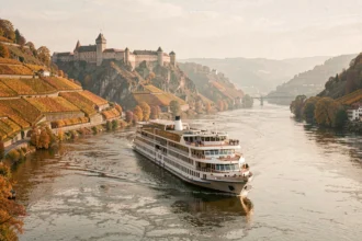 Croisière sur le Rhin en automne avec vignobles dorés et châteaux médiévaux en arrière-plan