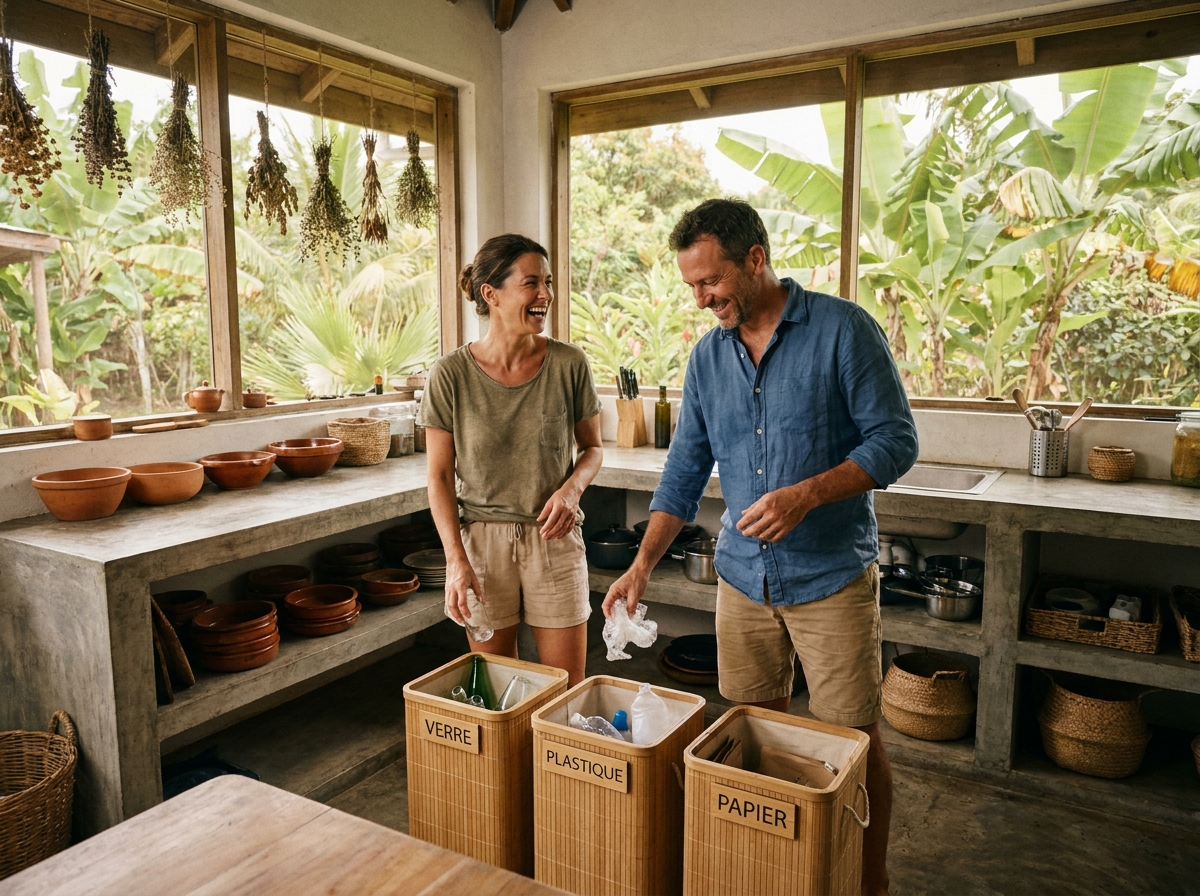 Couple triant des déchets recyclables dans la cuisine ouverte d'un gîte écoresponsable en Guadeloupe avec matériaux naturels et vue sur végétation tropicale