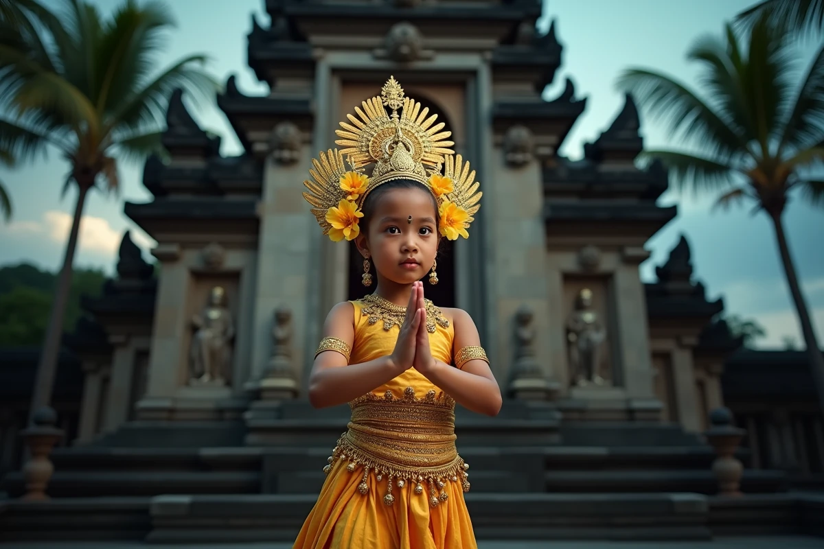 Jeune danseuse balinaise en costume traditionnel de danse legong effectuant un mudra sur scène lors d'une cérémonie de temple à Bali