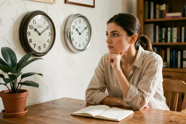 Femme calculant le décalage horaire entre Paris et Bali à l'aide de deux horloges murales analogiques dans un bureau à domicile