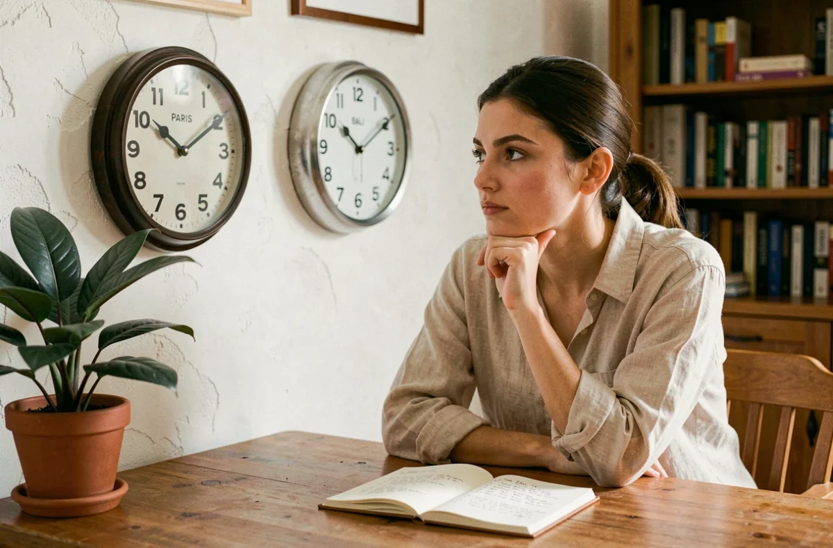 Femme calculant le décalage horaire entre Paris et Bali à l'aide de deux horloges murales analogiques dans un bureau à domicile