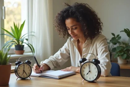 Femme comparant deux horloges représentant le décalage horaire entre la France et La Réunion