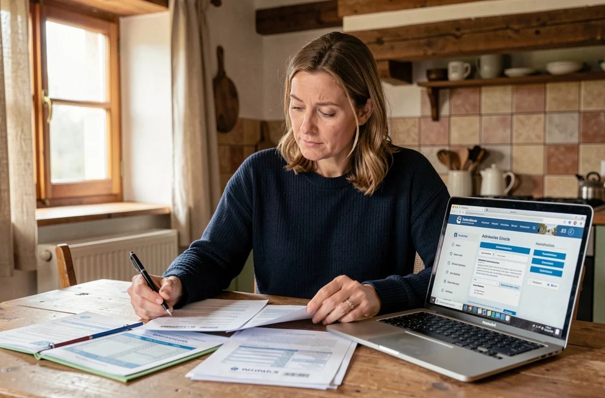 Femme consultant les documents de carte grise et d'assurance pour une caravane Eriba d'occasion sur une table en bois