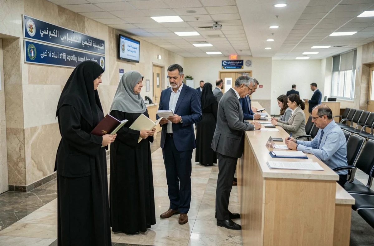 Groupe de pèlerins faisant la queue au guichet consulaire pour déposer leurs dossiers de visa et documents administratifs pour le Hajj 2026