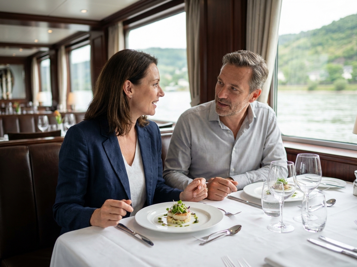 Couple profitant d'un dîner gastronomique dans le restaurant panoramique d'un bateau de croisière fluviale Rivages du Monde gamme Signature