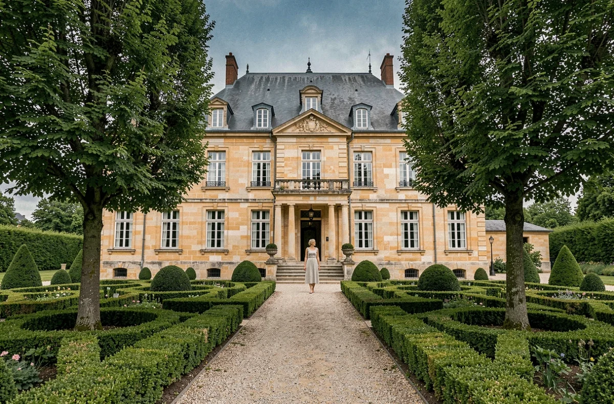 Façade du Domaine de Moresville à Santranges, manoir du XVIIIe siècle avec parterre de buis taillé et allée de tilleuls