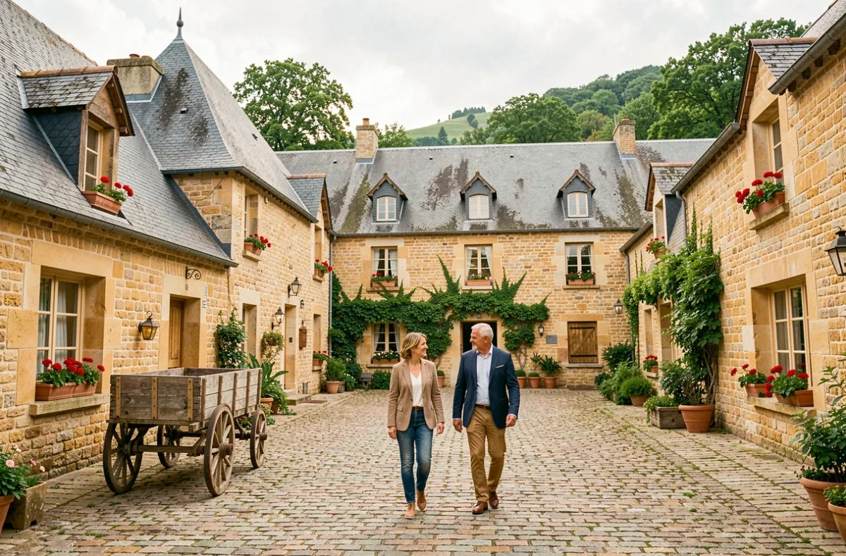 Cour du Domaine des Mollières avec bâtiments en pierre, géraniums aux fenêtres et couple se promenant