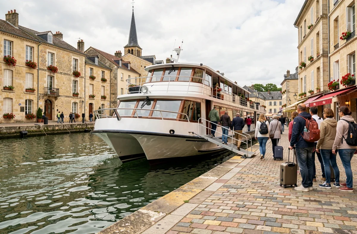 Bateau de croisière fluviale amarré sur les quais d'une ville française avec des passagers qui embarquent leurs bagages