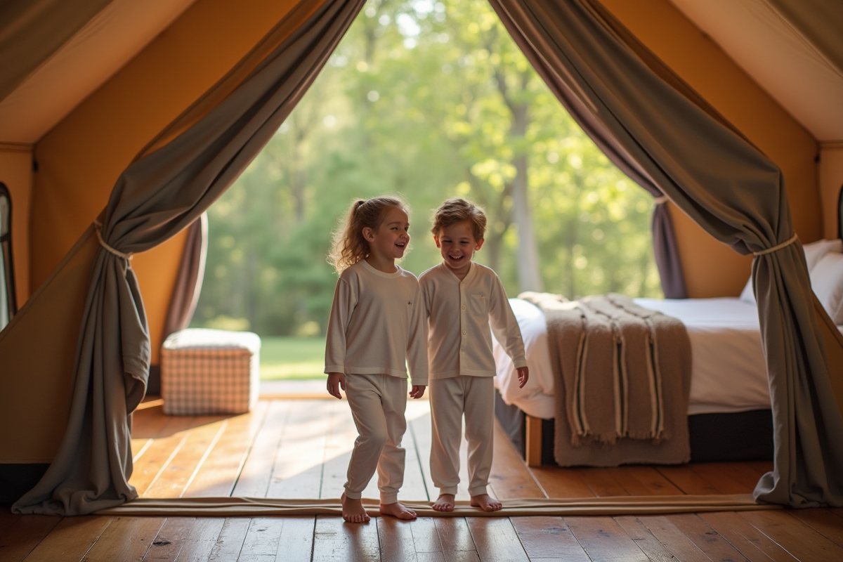 Enfants rieurs dans une tente safari élégante