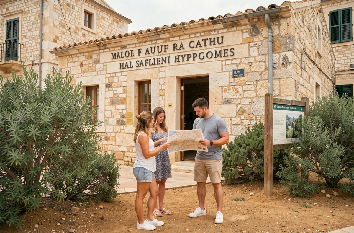 Entrée du site archéologique de l'hypogée de Hal Saflieni à Malte avec des visiteurs consultant un plan devant la facade en pierre calcaire