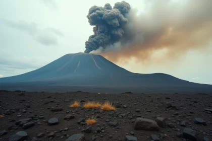 Éruption de l'Etna avec panache de cendres sombres s'élevant du cratère au-dessus d'un champ de lave basaltique en Sicile