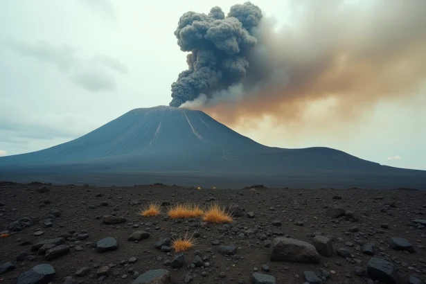 Éruption de l'Etna avec panache de cendres sombres s'élevant du cratère au-dessus d'un champ de lave basaltique en Sicile