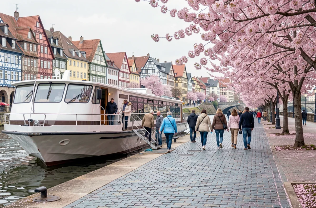 Escale de croisière fluviale sur le Rhin au printemps dans une ville historique alsacienne