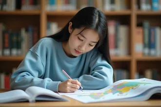 Étudiante asiatique révisant une liste de pays d'Asie avec une carte et des fiches de révision sur son bureau en bois