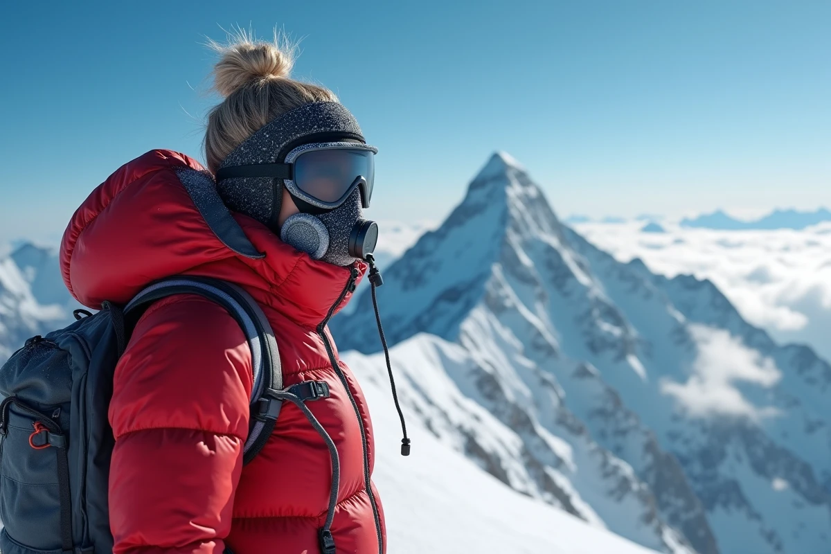 Alpiniste au sommet de l'Everest avec les nuages en contrebas, illustrant le critère d'altitude classique mesuré depuis le niveau de la mer