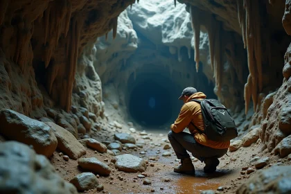 Explorateur dans une grotte souterraine mystérieuse