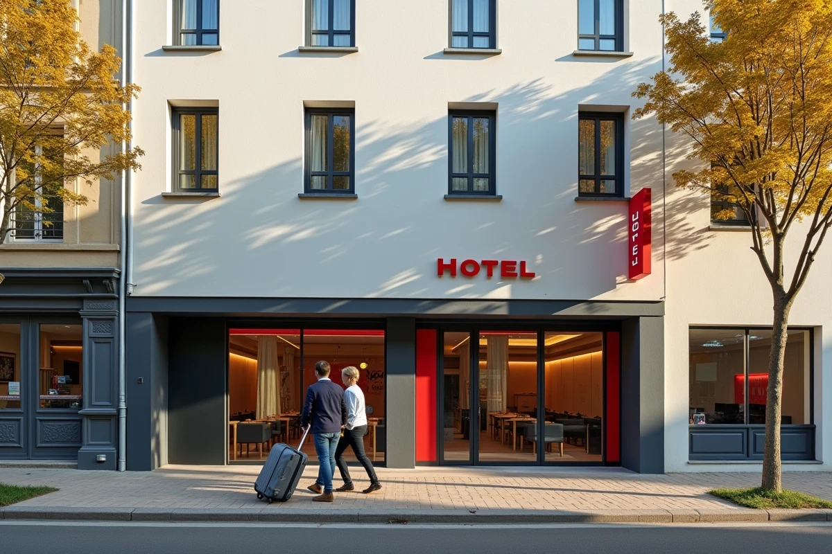 Façade extérieure de l'hôtel Ibis Libourne avec entrée principale, signalétique rouge et blanc et couple arrivant avec bagages