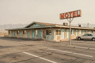 Façade typique d'un motel américain en bord de route avec enseigne néon et portes numérotées, style classique des États-Unis