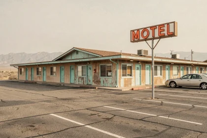 Façade typique d'un motel américain en bord de route avec enseigne néon et portes numérotées, style classique des États-Unis